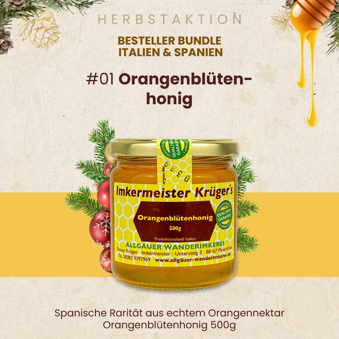 Bestseller Bundle Italien und Spanien mit Distelhonig, Orangenblütenhonig, mediterraner Waldhonig und Thymianhonig, nur zur Herbstaktion von der Allgäuer Wanderimekrei