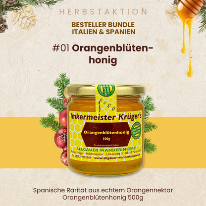Bestseller Bundle Italien und Spanien mit Distelhonig, Orangenblütenhonig, mediterraner Waldhonig und Thymianhonig, nur zur Herbstaktion von der Allgäuer Wanderimekrei