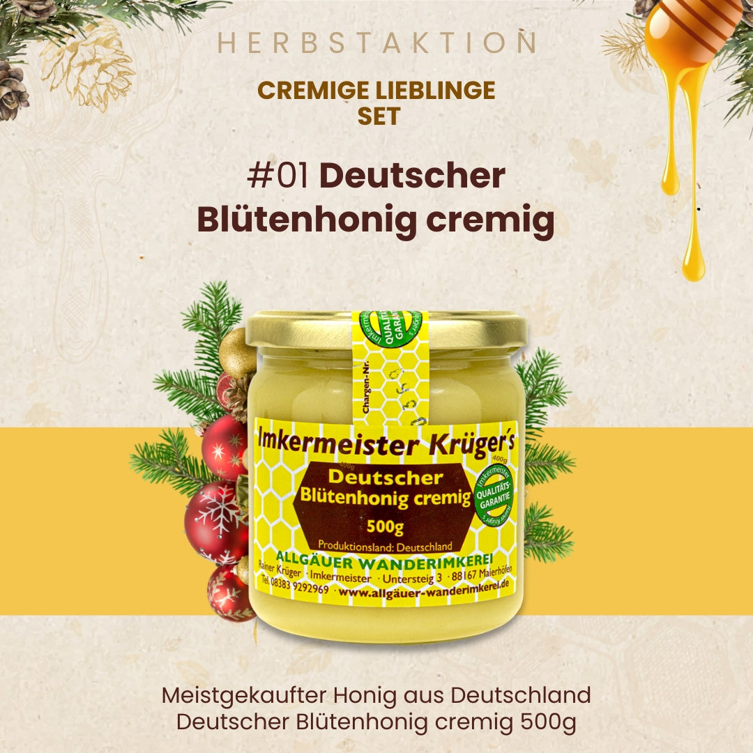 Cremige Lieblinge Set mit Deutscher Waldhonig cremig, Deutscher Blütenhonig cremig und Korianderhonig cremig, nur zur Herbstaktion von der Allgäuer Wanderimkerei