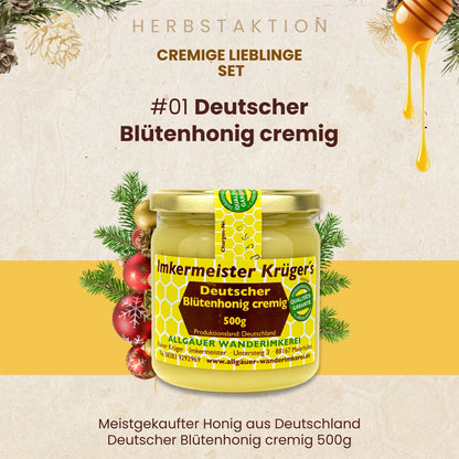 Cremige Lieblinge Set mit Deutscher Waldhonig cremig, Deutscher Blütenhonig cremig und Korianderhonig cremig, nur zur Herbstaktion von der Allgäuer Wanderimkerei