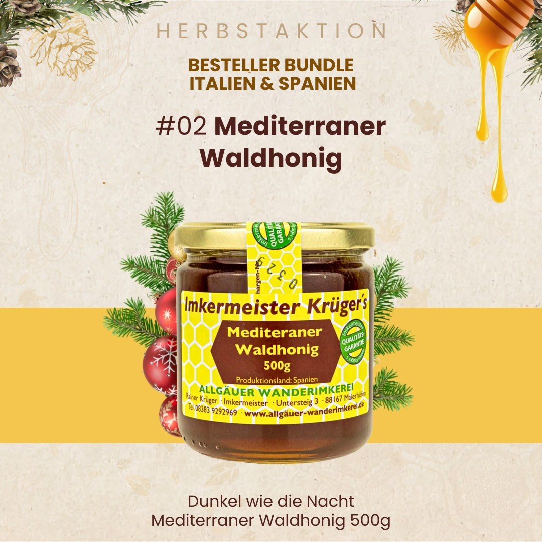 Bestseller Bundle Italien und Spanien mit Distelhonig, Orangenblütenhonig, mediterraner Waldhonig und Thymianhonig, nur zur Herbstaktion von der Allgäuer Wanderimekrei