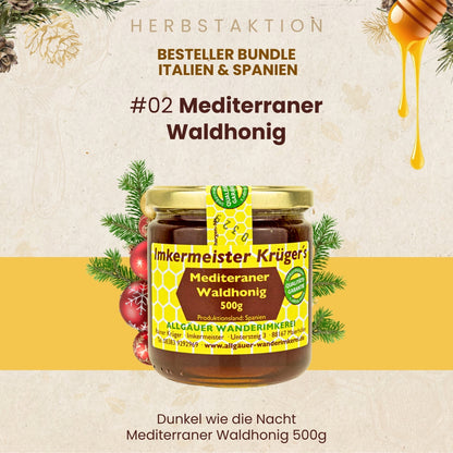 Bestseller Bundle Italien und Spanien mit Distelhonig, Orangenblütenhonig, mediterraner Waldhonig und Thymianhonig, nur zur Herbstaktion von der Allgäuer Wanderimekrei