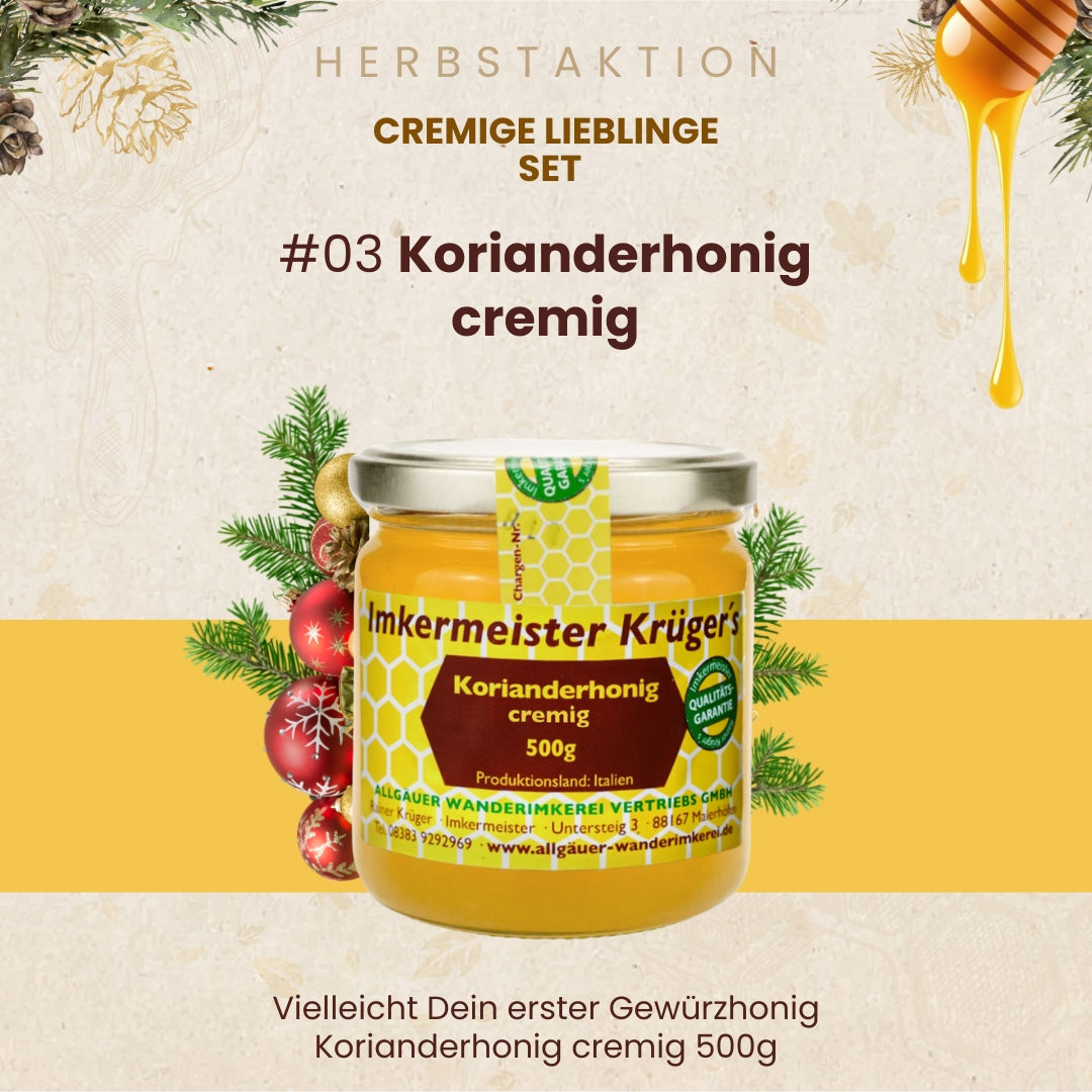 Cremige Lieblinge Set mit Deutscher Waldhonig cremig, Deutscher Blütenhonig cremig und Korianderhonig cremig, nur zur Herbstaktion von der Allgäuer Wanderimkerei