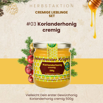 Cremige Lieblinge Set mit Deutscher Waldhonig cremig, Deutscher Blütenhonig cremig und Korianderhonig cremig, nur zur Herbstaktion von der Allgäuer Wanderimkerei