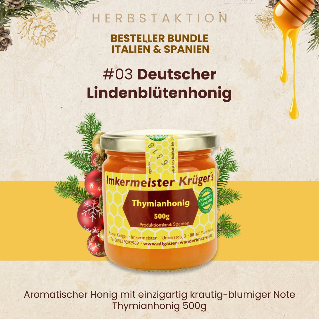 Bestseller Bundle Italien und Spanien mit Distelhonig, Orangenblütenhonig, mediterraner Waldhonig und Thymianhonig, nur zur Herbstaktion von der Allgäuer Wanderimekrei