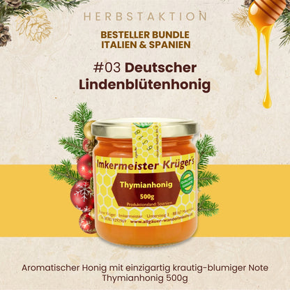 Bestseller Bundle Italien und Spanien mit Distelhonig, Orangenblütenhonig, mediterraner Waldhonig und Thymianhonig, nur zur Herbstaktion von der Allgäuer Wanderimekrei