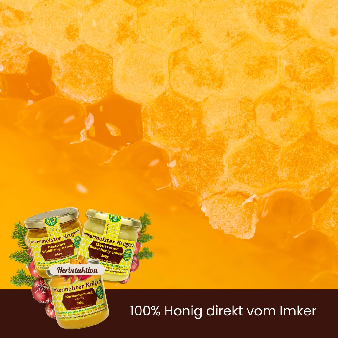 Cremige Lieblinge Set mit Deutscher Waldhonig cremig, Deutscher Blütenhonig cremig und Korianderhonig cremig, nur zur Herbstaktion von der Allgäuer Wanderimkerei