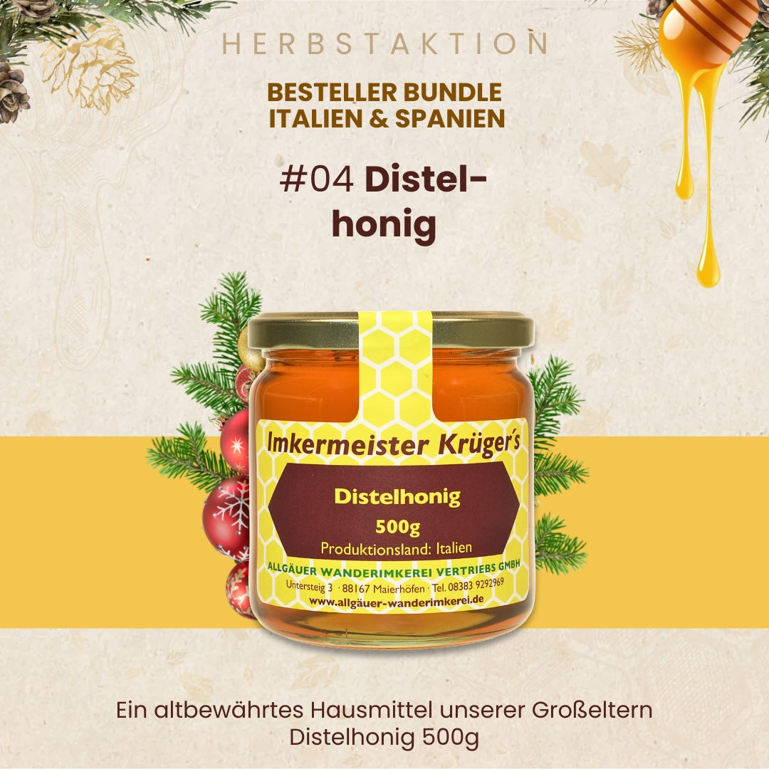 Bestseller Bundle Italien und Spanien mit Distelhonig, Orangenblütenhonig, mediterraner Waldhonig und Thymianhonig, nur zur Herbstaktion von der Allgäuer Wanderimekrei