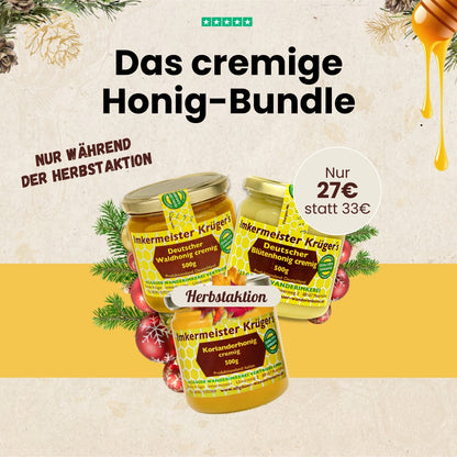 Cremige Lieblinge Set mit Deutscher Waldhonig cremig, Deutscher Blütenhonig cremig und Korianderhonig cremig, nur zur Herbstaktion von der Allgäuer Wanderimkerei