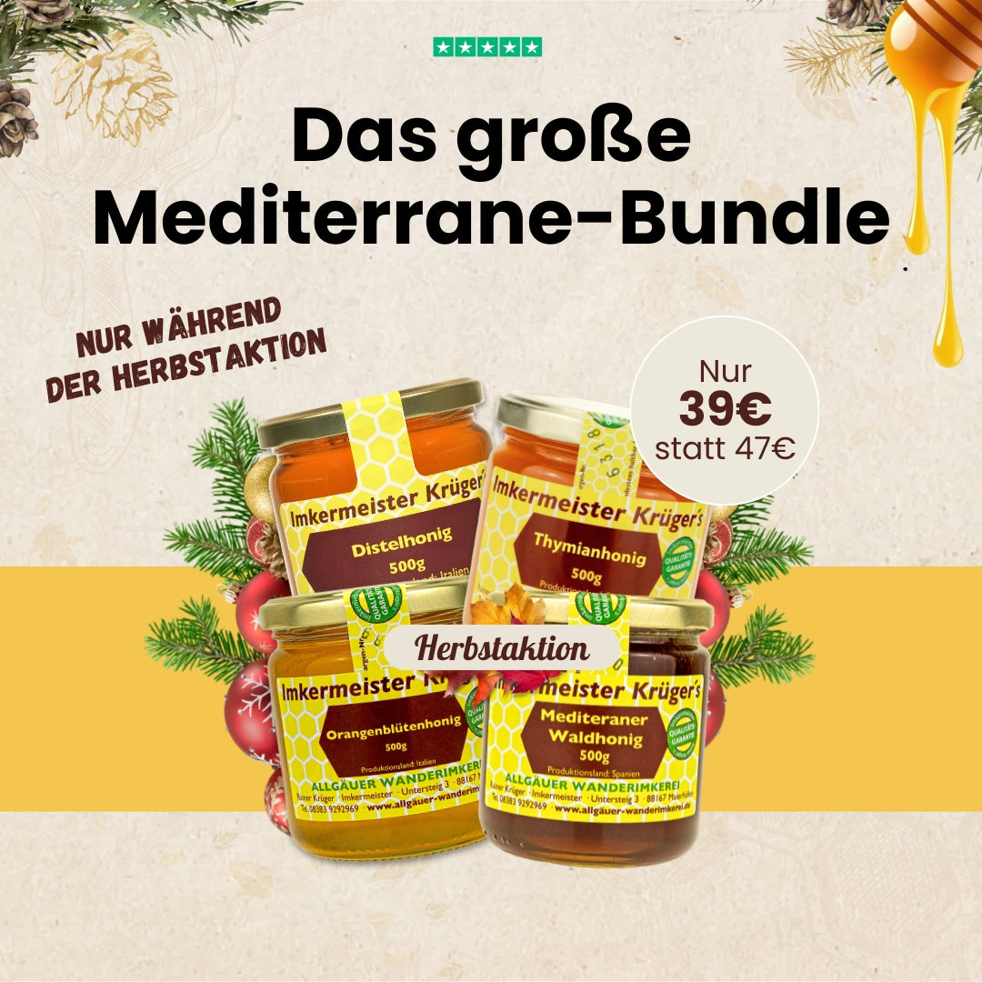 Bestseller Bundle Italien und Spanien mit Distelhonig, Orangenblütenhonig, mediterraner Waldhonig und Thymianhonig, nur zur Herbstaktion von der Allgäuer Wanderimekrei
