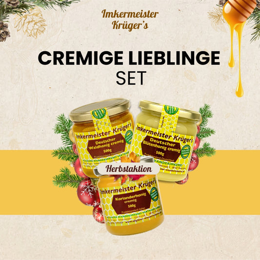 Cremige Lieblinge Set mit Deutscher Waldhonig cremig, Deutscher Blütenhonig cremig und Korianderhonig cremig, nur zur Herbstaktion von der Allgäuer Wanderimkerei