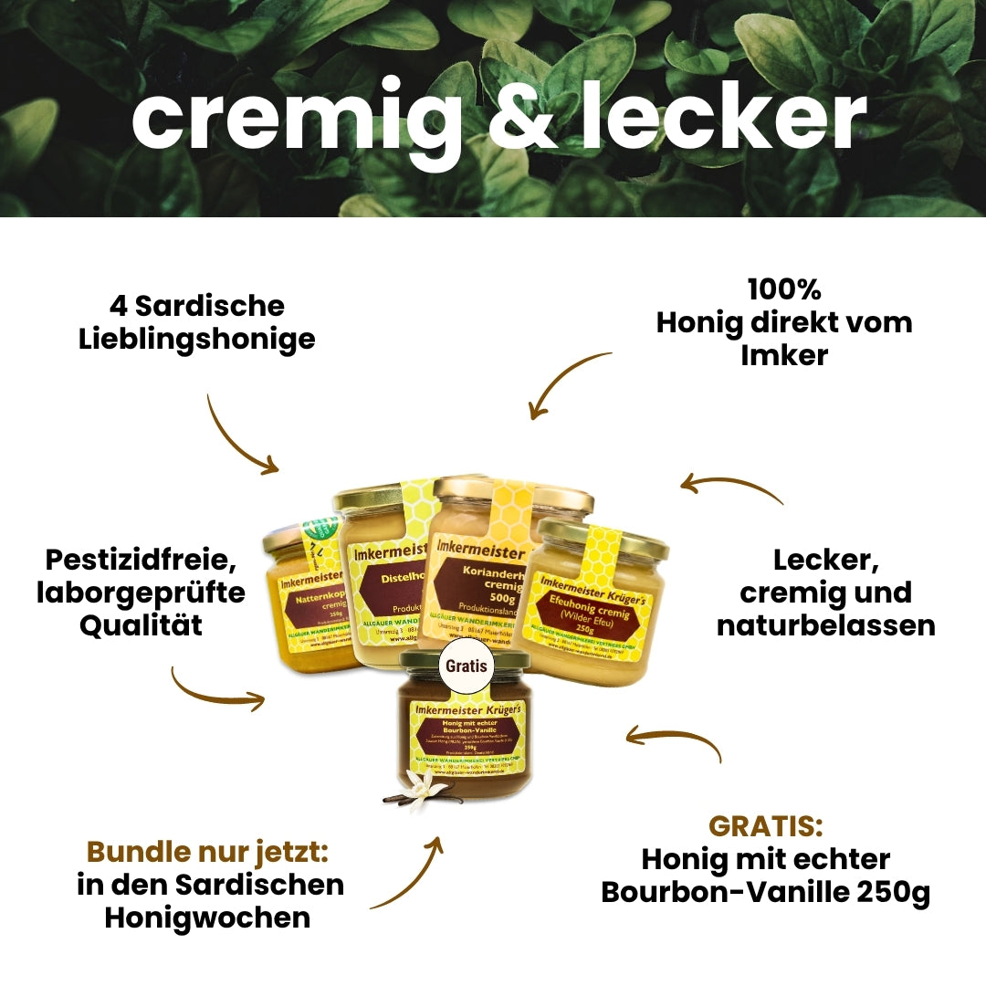 Cremiges Sardinien-Bundle mit Natternkopfhonig cremig 250g, Korianderhonig cremig 500g, Distelhonig cremig 500g und GRATIS Honig mit echter Bourbon-Vanille 250g von der Allgäuer Wanderimkerei, nur für kurze Zeit_02