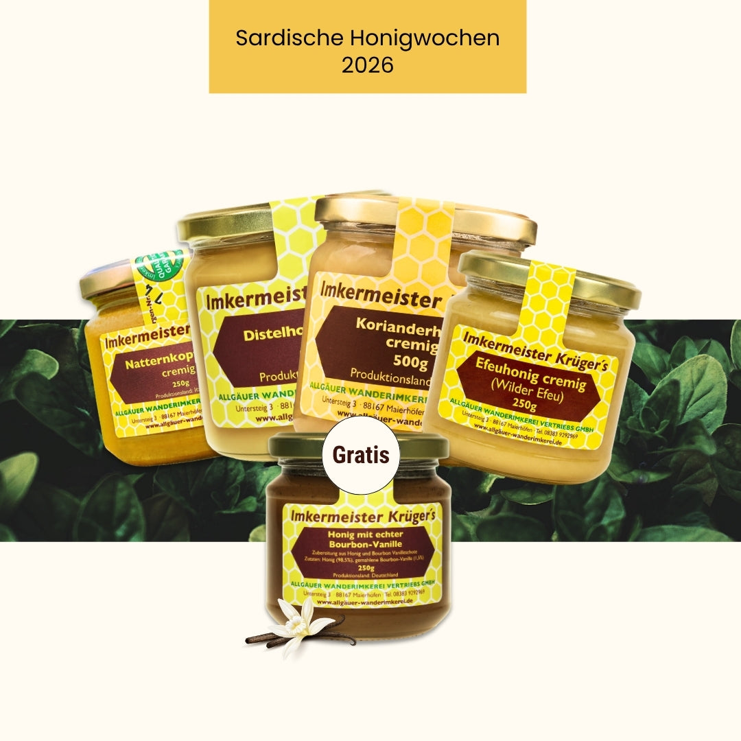 Cremiges Sardinien-Bundle mit Natternkopfhonig cremig 250g, Korianderhonig cremig 500g, Distelhonig cremig 500g und GRATIS Honig mit echter Bourbon-Vanille 250g von der Allgäuer Wanderimkerei, nur für kurze Zeit