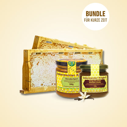 Das Goldene Sommer-Trio mit Deutscher Honigwabe (2kg) + HERCULES Sport Bienenproduktmischung (500g) + Honig mit echter Bourbon-Vanille (250g)