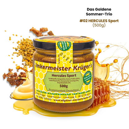 Das Goldene Sommer-Trio mit Deutscher Honigwabe (2kg) + HERCULES Sport Bienenproduktmischung (500g) + Honig mit echter Bourbon-Vanille (250g)