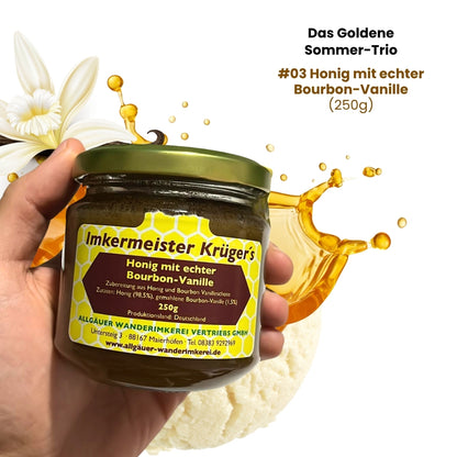 Das Goldene Sommer-Trio mit Deutscher Honigwabe (2kg) + HERCULES Sport Bienenproduktmischung (500g) + Honig mit echter Bourbon-Vanille (250g)