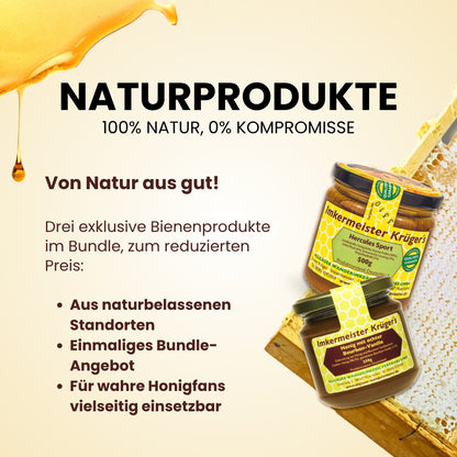 Das Goldene Sommer-Trio mit Deutscher Honigwabe (2kg) + HERCULES Sport Bienenproduktmischung (500g) + Honig mit echter Bourbon-Vanille (250g)