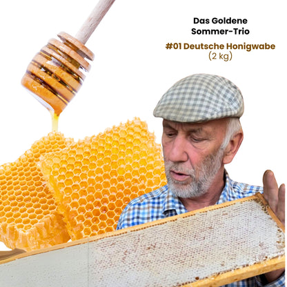 Das Goldene Sommer-Trio mit Deutscher Honigwabe (2kg) + HERCULES Sport Bienenproduktmischung (500g) + Honig mit echter Bourbon-Vanille (250g)