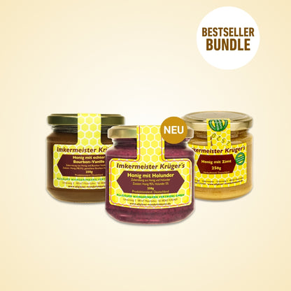 Das süße 3er Honig-Set mit Honig mit Holunder (250g), Honig mit echter Bourbon-Vanille (250g) und Honig mit Zimt (250g)