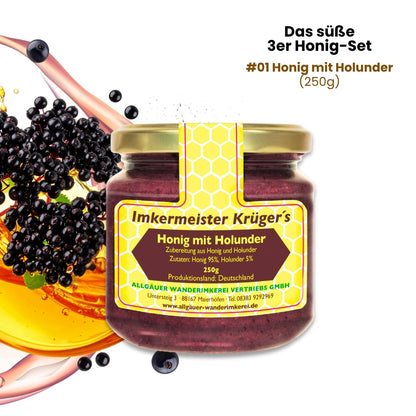 Das süße 3er Honig-Set mit Honig mit Holunder (250g), Honig mit echter Bourbon-Vanille (250g) und Honig mit Zimt (250g)