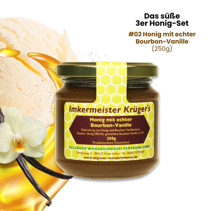 Das süße 3er Honig-Set mit Honig mit Holunder (250g), Honig mit echter Bourbon-Vanille (250g) und Honig mit Zimt (250g)