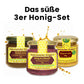 Das süße 3er Honig-Set mit Honig mit Holunder (250g), Honig mit echter Bourbon-Vanille (250g) und Honig mit Zimt (250g)