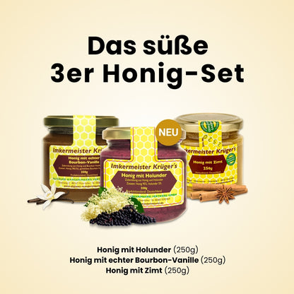 Das süße 3er Honig-Set mit Honig mit Holunder (250g), Honig mit echter Bourbon-Vanille (250g) und Honig mit Zimt (250g)