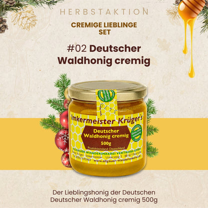 Cremige Lieblinge Set mit Deutscher Waldhonig cremig, Deutscher Blütenhonig cremig und Korianderhonig cremig, nur zur Herbstaktion von der Allgäuer Wanderimkerei