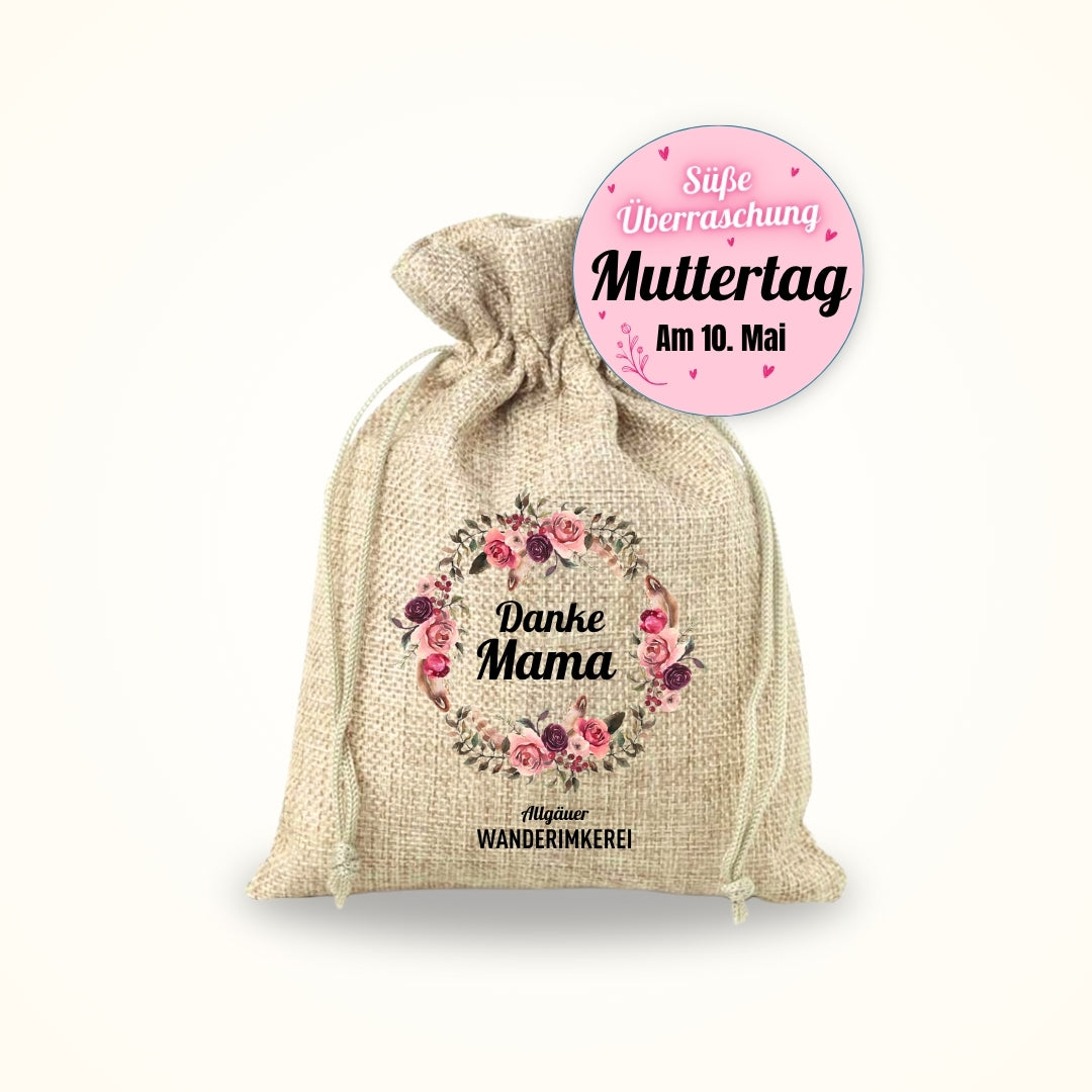 Stilvollen Geschenksäckchen mit Danke Mama Aufdruck für Honiggeschenk zum Muttertag Allgäuer Wanderimkerei