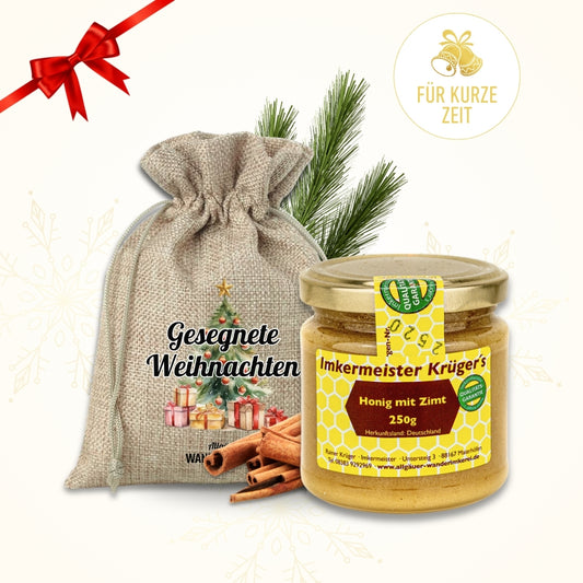 Honig mit Zimt 250g im Geschenksäckchen Gesegnete Weihnachten von der Allgäuer Wanderimkerei