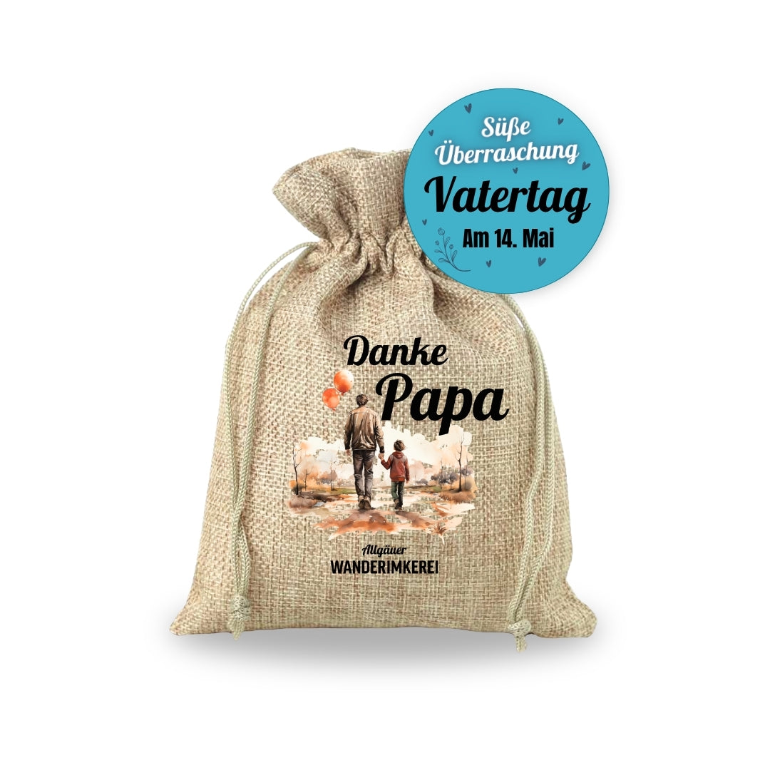 Verpacke Deinen Honig oder Bienenprodukte mit dem stilvollen Geschenksäckchen mit dem Aufdruck Danke Papa zum Vatertag, von der Allgäuer Wanderimkerei