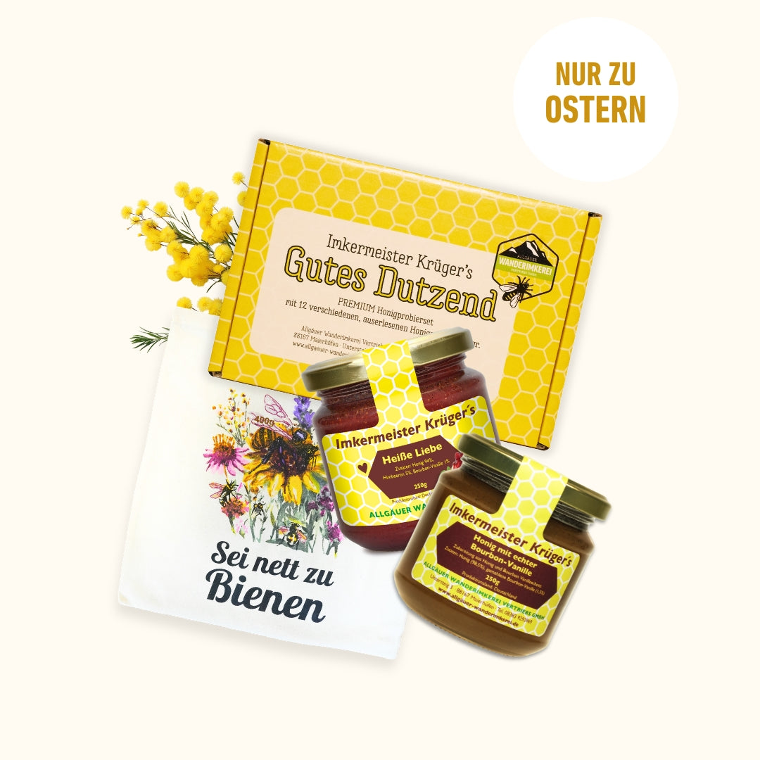 Großes Oster-Geschenke-Set mit Honig mit echter Bourbon-Vanille, Heiße Liebe-Honig, Honig-Probierset mit 12 verschiedenen Honigen und stilvolle Baumwolltasche im Bundle als Oster-Geschenkidee, nur zu Ostern von der Allgäuer Wanderimkerei