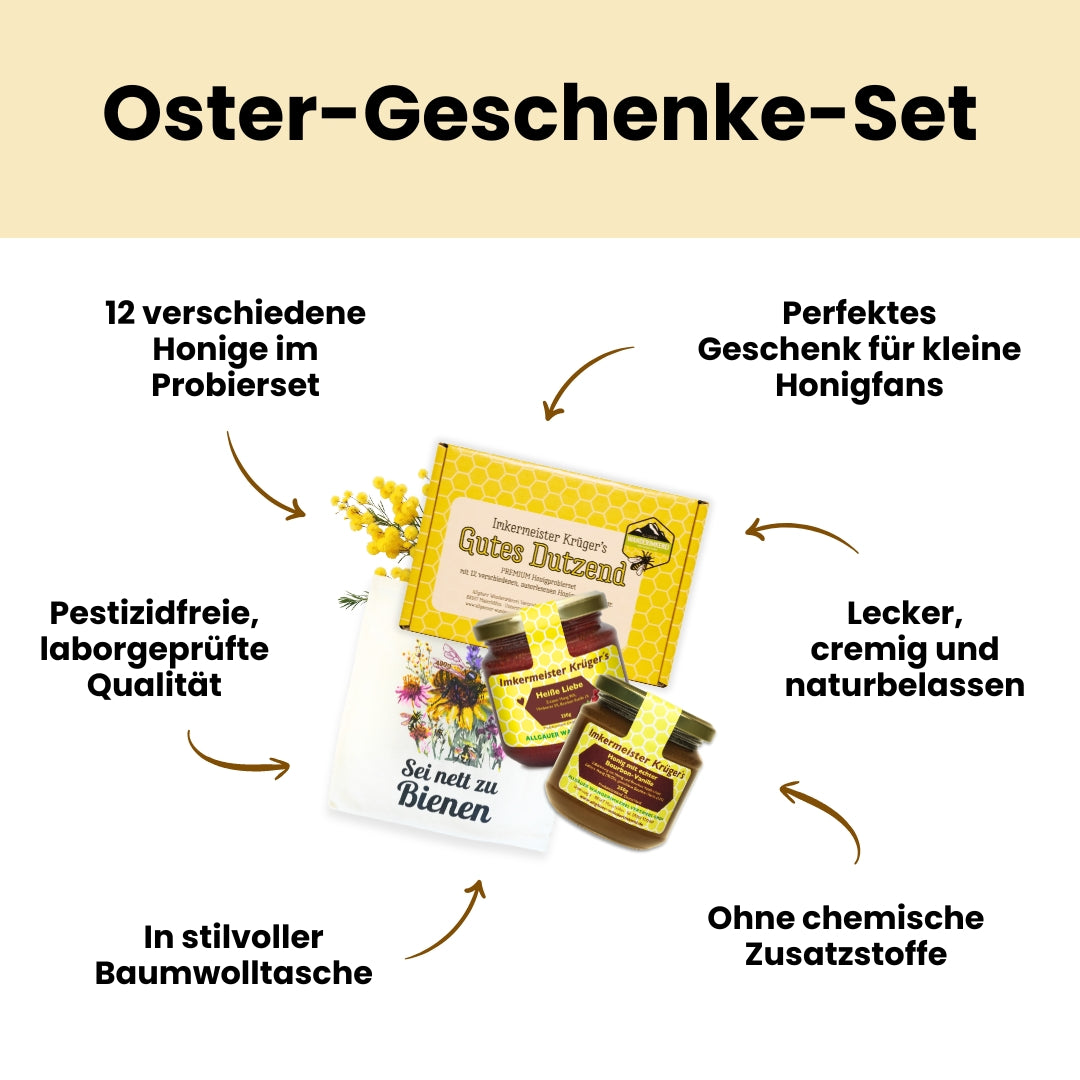 Großes Oster-Geschenke-Set mit Honig mit echter Bourbon-Vanille, Heiße Liebe-Honig, Honig-Probierset mit 12 verschiedenen Honigen und stilvolle Baumwolltasche im Bundle als Oster-Geschenkidee, nur zu Ostern von der Allgäuer Wanderimkerei