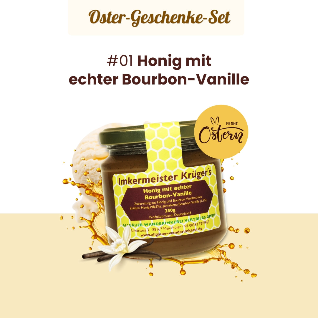 Großes Oster-Geschenke-Set mit Honig mit echter Bourbon-Vanille, Heiße Liebe-Honig, Honig-Probierset mit 12 verschiedenen Honigen und stilvolle Baumwolltasche im Bundle als Oster-Geschenkidee, nur zu Ostern von der Allgäuer Wanderimkerei