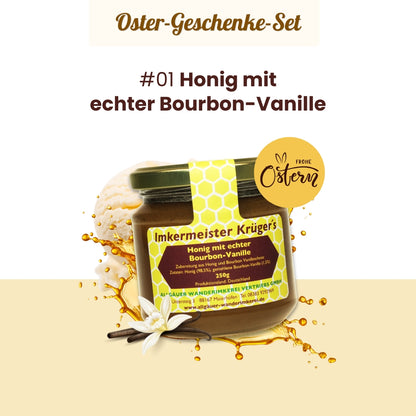 Großes Oster-Geschenke-Set mit Honig mit echter Bourbon-Vanille, Heiße Liebe-Honig, Honig-Probierset mit 12 verschiedenen Honigen und stilvolle Baumwolltasche im Bundle als Oster-Geschenkidee, nur zu Ostern von der Allgäuer Wanderimkerei