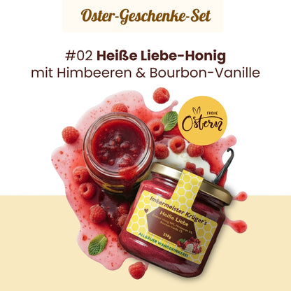 Großes Oster-Geschenke-Set mit Honig mit echter Bourbon-Vanille, Heiße Liebe-Honig, Honig-Probierset mit 12 verschiedenen Honigen und stilvolle Baumwolltasche im Bundle als Oster-Geschenkidee, nur zu Ostern von der Allgäuer Wanderimkerei