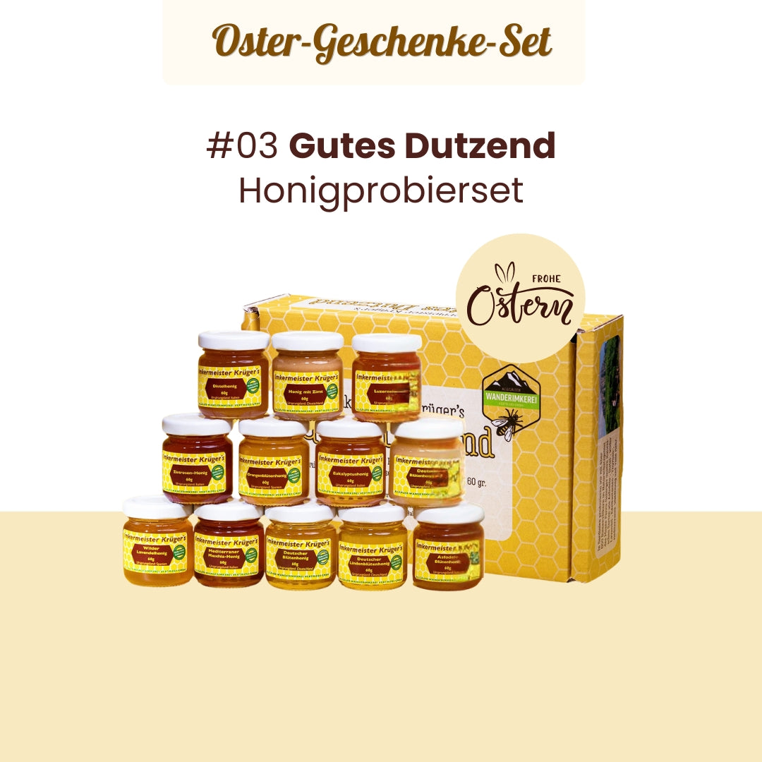 Großes Oster-Geschenke-Set mit Honig mit echter Bourbon-Vanille, Heiße Liebe-Honig, Honig-Probierset mit 12 verschiedenen Honigen und stilvolle Baumwolltasche im Bundle als Oster-Geschenkidee, nur zu Ostern von der Allgäuer Wanderimkerei