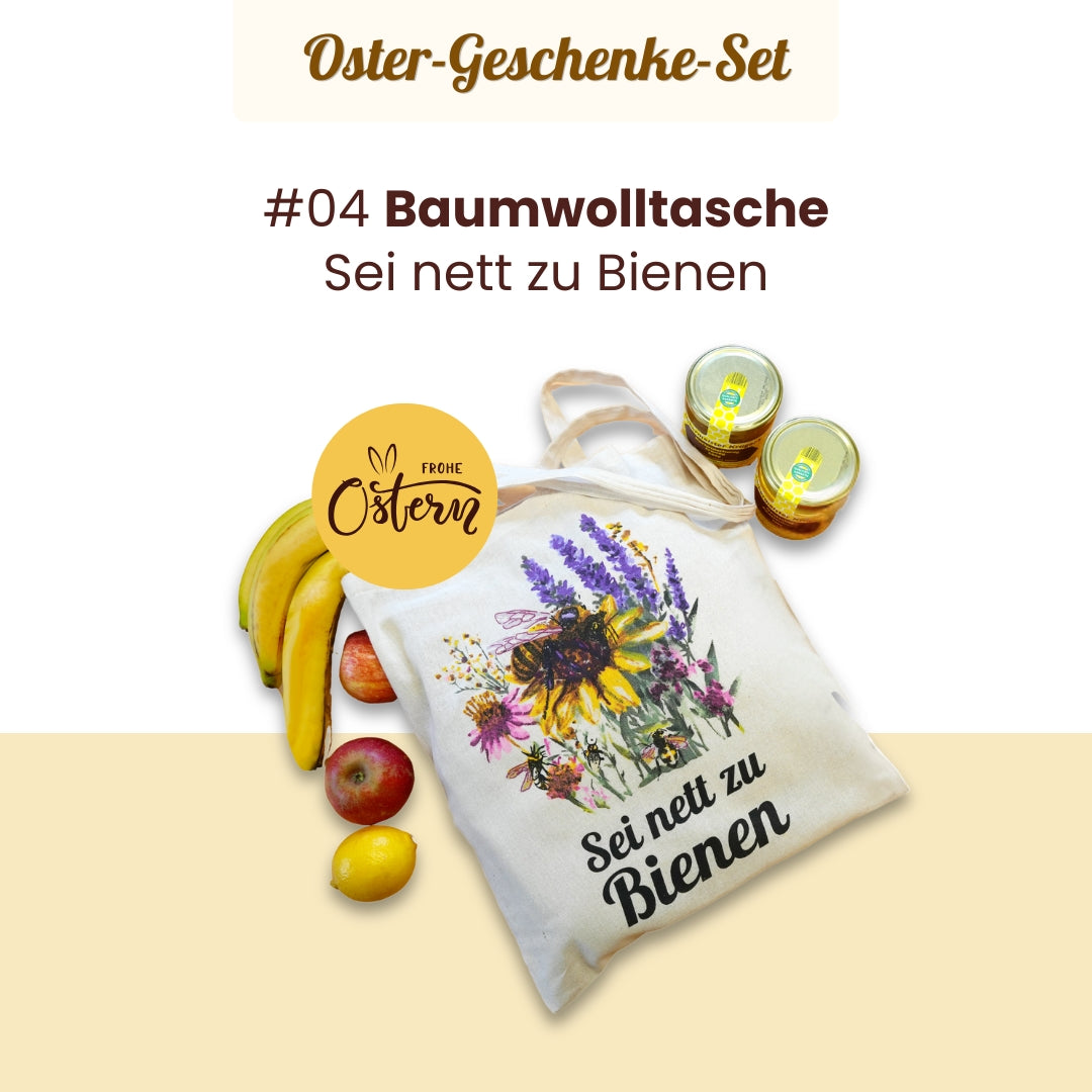 Großes Oster-Geschenke-Set mit Honig mit echter Bourbon-Vanille, Heiße Liebe-Honig, Honig-Probierset mit 12 verschiedenen Honigen und stilvolle Baumwolltasche im Bundle als Oster-Geschenkidee, nur zu Ostern von der Allgäuer Wanderimkerei