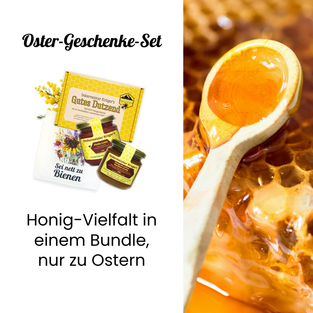 Großes Oster-Geschenke-Set mit Honig mit echter Bourbon-Vanille, Heiße Liebe-Honig, Honig-Probierset mit 12 verschiedenen Honigen und stilvolle Baumwolltasche im Bundle als Oster-Geschenkidee, nur zu Ostern von der Allgäuer Wanderimkerei