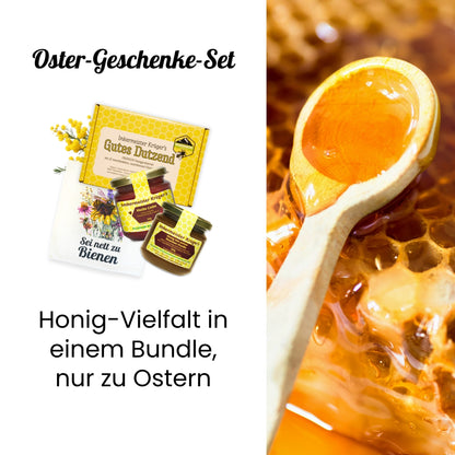 Großes Oster-Geschenke-Set mit Honig mit echter Bourbon-Vanille, Heiße Liebe-Honig, Honig-Probierset mit 12 verschiedenen Honigen und stilvolle Baumwolltasche im Bundle als Oster-Geschenkidee, nur zu Ostern von der Allgäuer Wanderimkerei