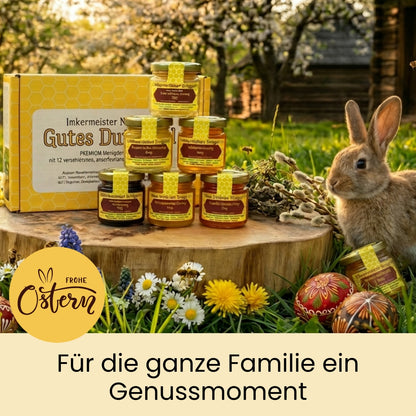 Großes Oster-Geschenke-Set mit Honig mit echter Bourbon-Vanille, Heiße Liebe-Honig, Honig-Probierset mit 12 verschiedenen Honigen und stilvolle Baumwolltasche im Bundle als Oster-Geschenkidee, nur zu Ostern von der Allgäuer Wanderimkerei