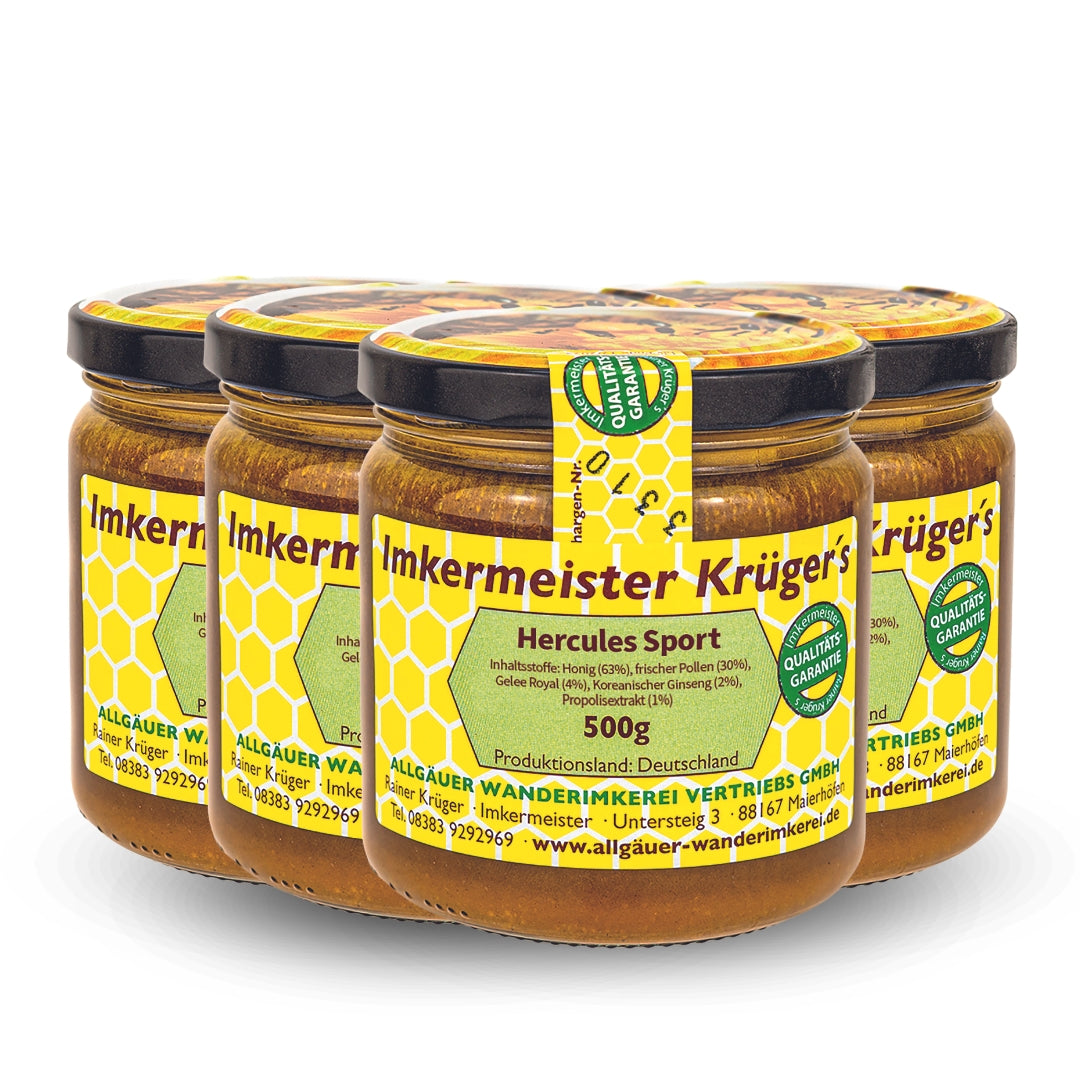 4er-Set HERCULES Sport 500g: Bienenproduktmischung mit Ginseng: Honig, Blütenpollen, Gelee Royal, Propolisextraktpulver, Koreanisches Ginsengextrakt von der Allgäuer Wanderimkerei JETZT kaufen
