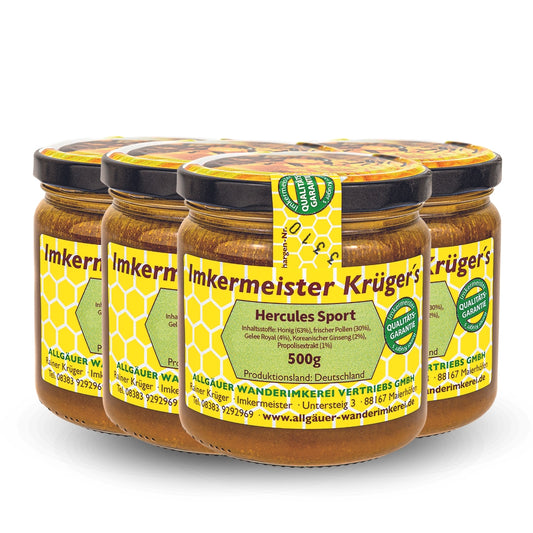 4er-Set HERCULES Sport 500g: Bienenproduktmischung mit Ginseng: Honig, Blütenpollen, Gelee Royal, Propolisextraktpulver, Koreanisches Ginsengextrakt von der Allgäuer Wanderimkerei JETZT kaufen