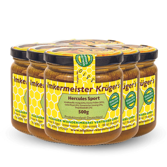 6er-Set HERCULES Sport 500g: Bienenproduktmischung mit Ginseng: Honig, Blütenpollen, Gelee Royal, Propolisextraktpulver, Koreanisches Ginsengextrakt von der Allgäuer Wanderimkerei JETZT kaufen