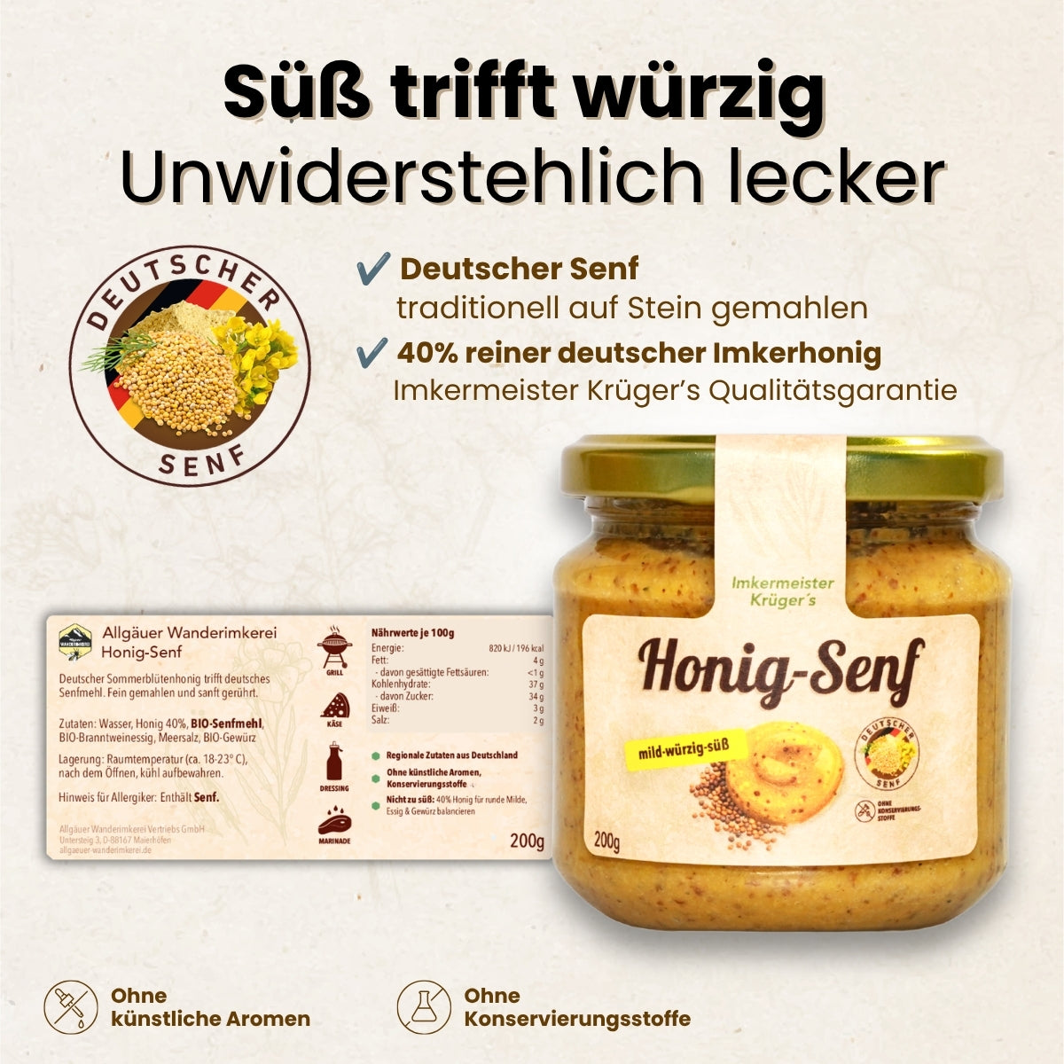 Honig-Senf 200g, mild-würzig-süß ohne Industriezucker und Konservierungsstoffe von der Allgäuer Wanderimkerei