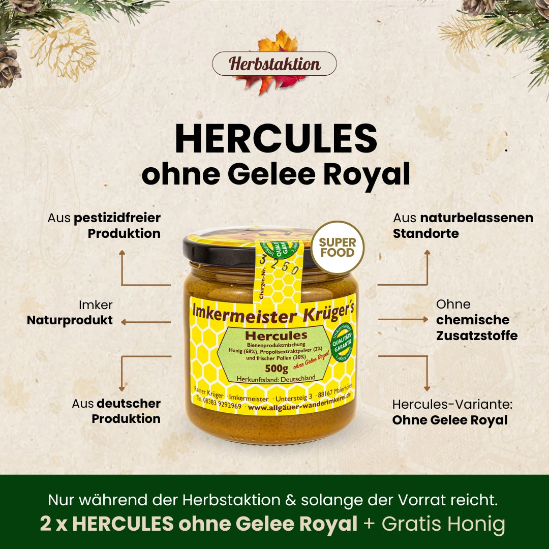 Herbstaktion: 2 x Hercules ohne Gelee Royal + Gratis Honig für 60€ statt 78€, nur für kurze Zeit, von der Allgäuer Wanderimkerei