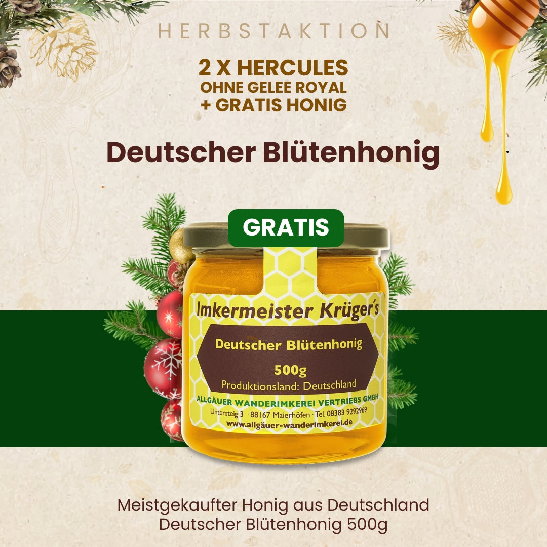 Herbstaktion: 2 x Hercules ohne Gelee Royal + Gratis Honig für 60€ statt 78€, nur für kurze Zeit, von der Allgäuer Wanderimkerei