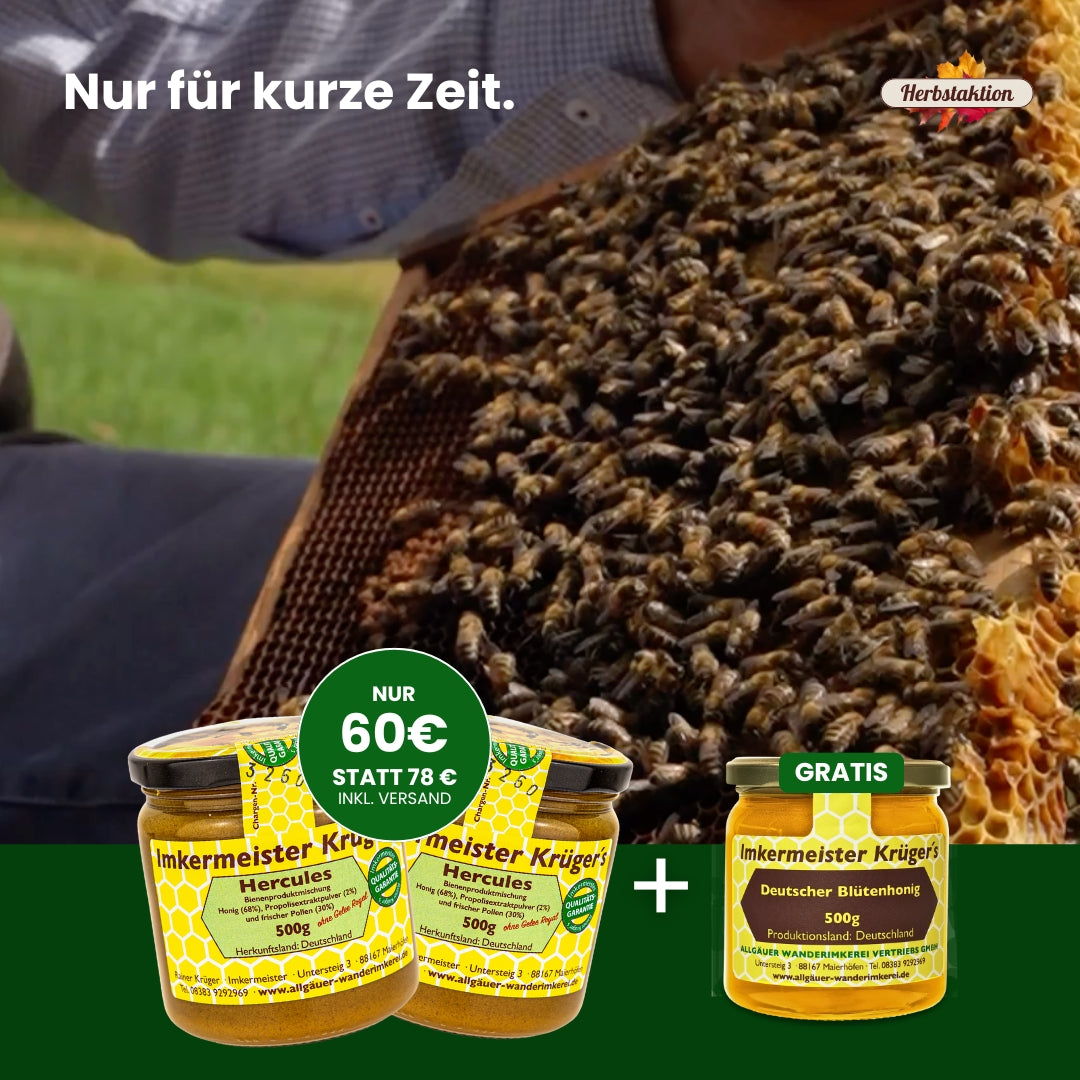 Herbstaktion: 2 x Hercules ohne Gelee Royal + Gratis Honig für 60€ statt 78€, nur für kurze Zeit, von der Allgäuer Wanderimkerei