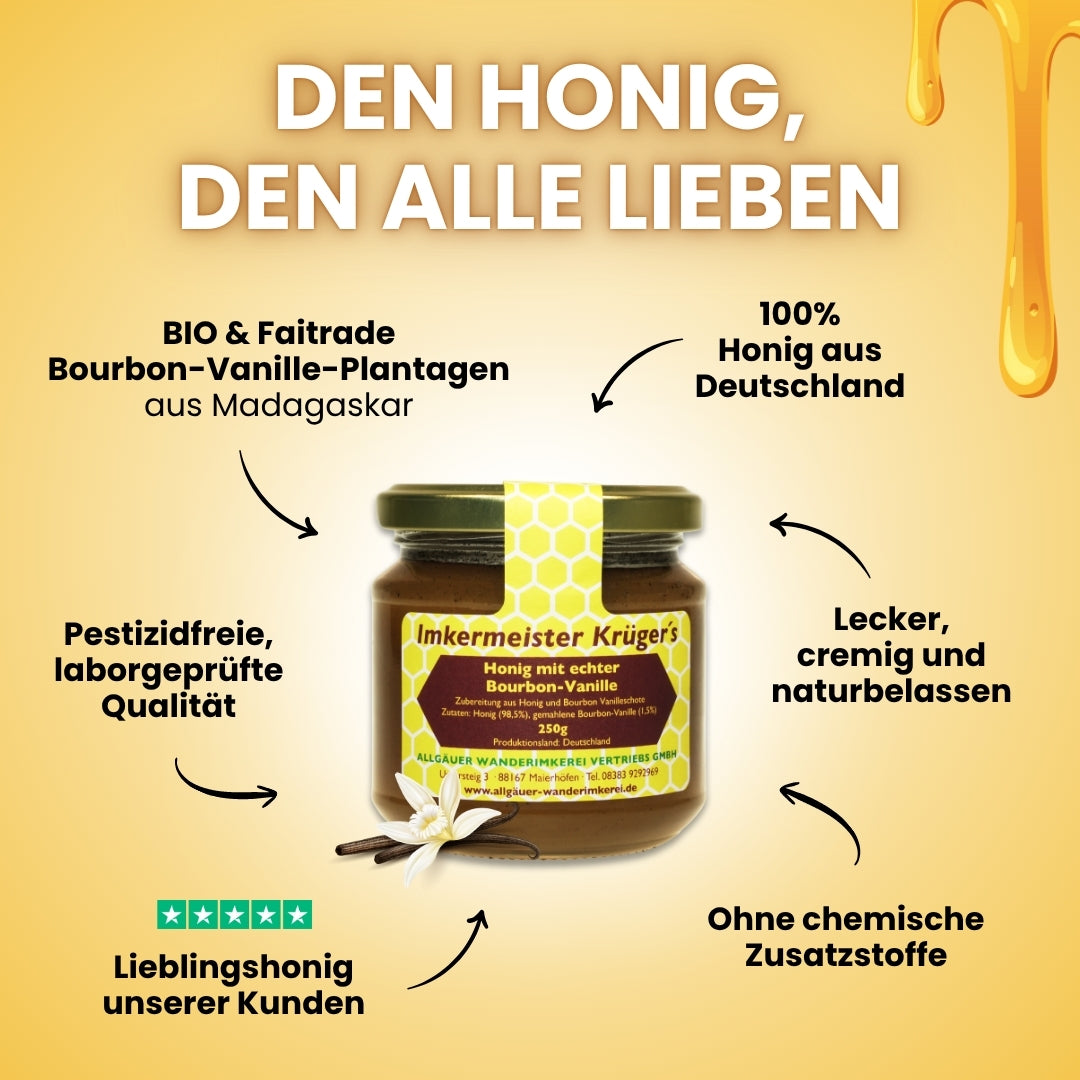 Leckerer Honig mit echter Bourbon-Vanille, direkt vom Imker