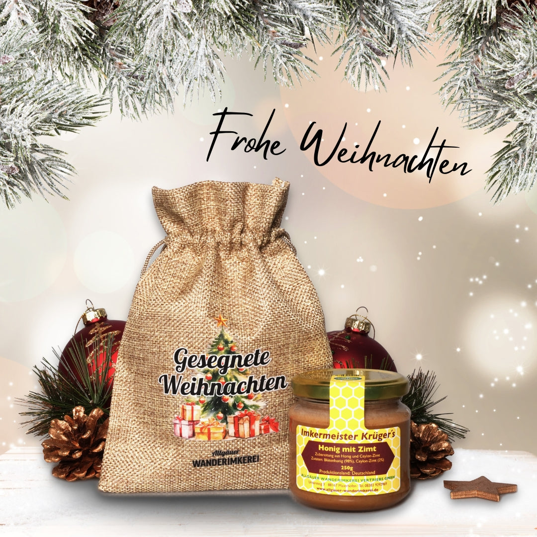 Honig mit Zimt 250g im Geschenksäckchen Gesegnete Weihnachten von der Allgäuer Wanderimkerei